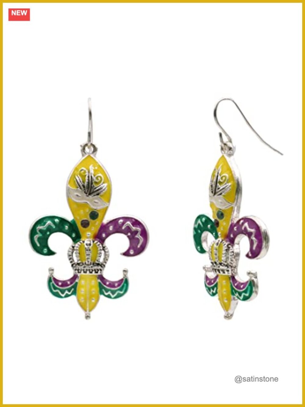 Mardi Gras Fleur-de-lis French Hook Dangle Earrings Enamel Painted Silver Plated